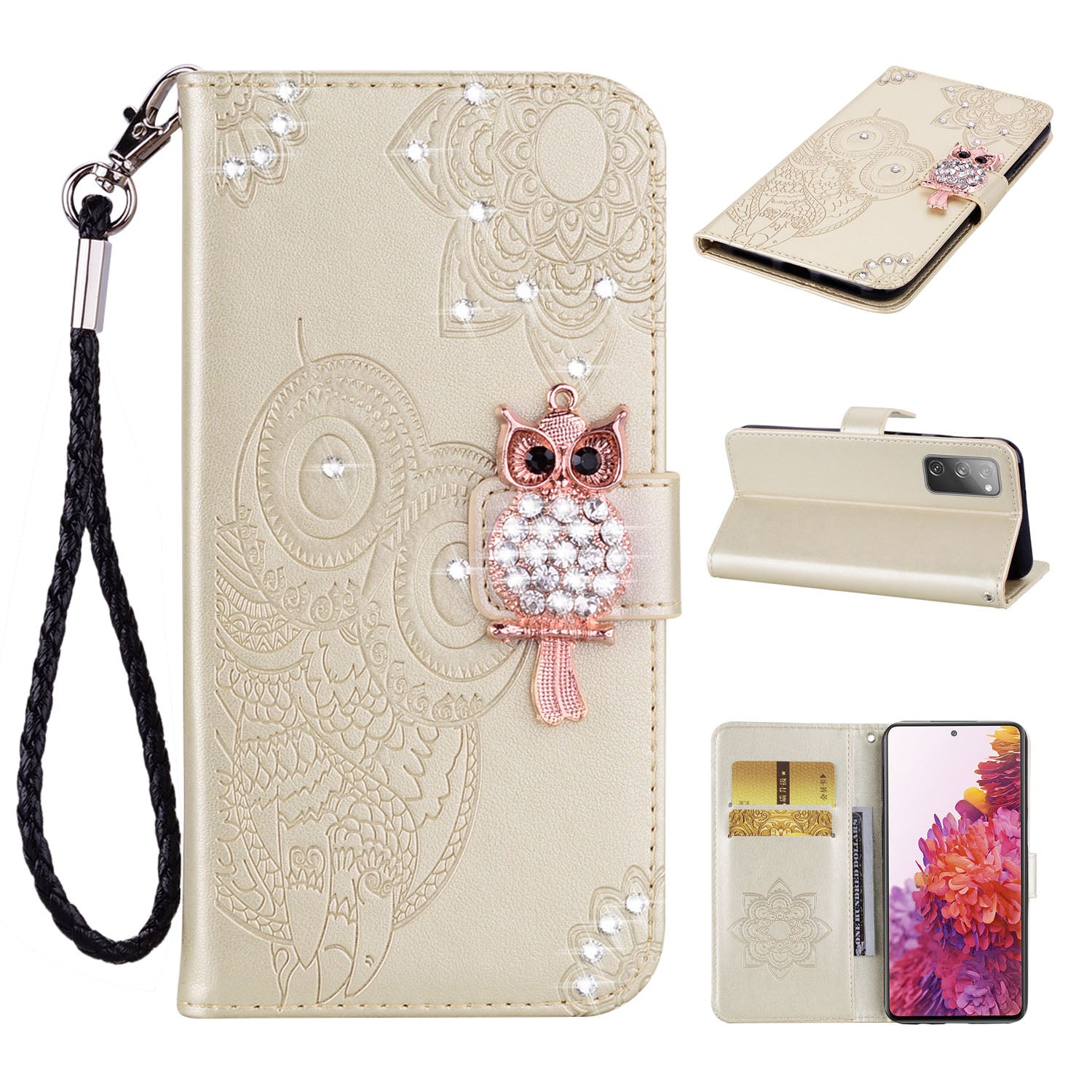 For Samsung Galaxy S20 FE/S20 Fan Edition/S20 FE 5G/S20 Fan Edition 5G/S20 Lite/S20 FE 2022 Rhinestone Decoration Imprint Owl Leather Shell Wallet Stand Phone Cover - Gold