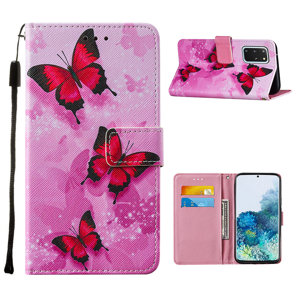 Leather Wallet Stand Phone Protective Case Pattern Printing for Samsung Galaxy S20 Plus/S20 Plus 5G - Pink Butterfly