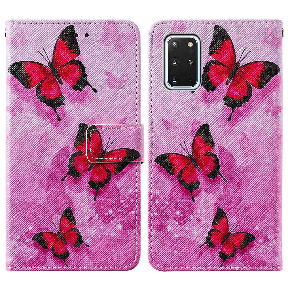 Leather Wallet Stand Phone Protective Case Pattern Printing for Samsung Galaxy S20 Plus/S20 Plus 5G - Pink Butterfly