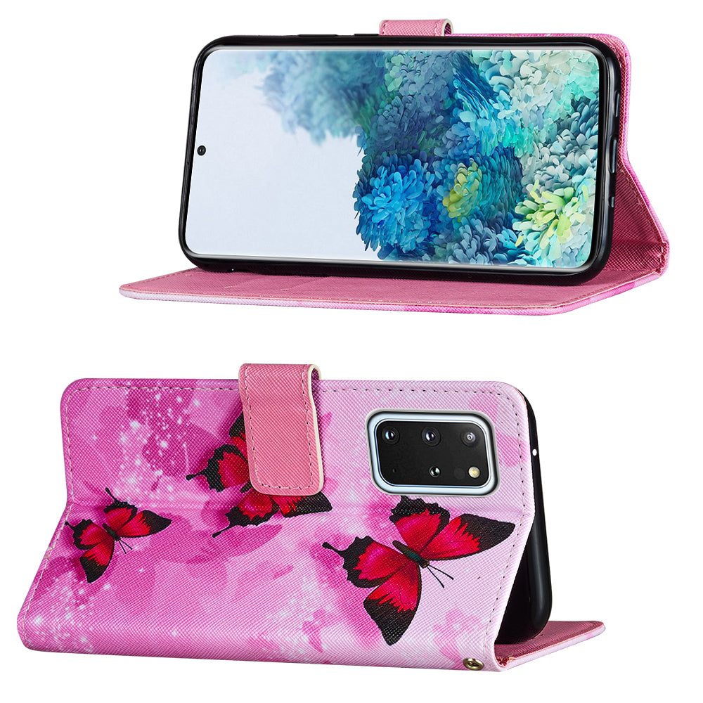 Leather Wallet Stand Phone Protective Case Pattern Printing for Samsung Galaxy S20 Plus/S20 Plus 5G - Pink Butterfly