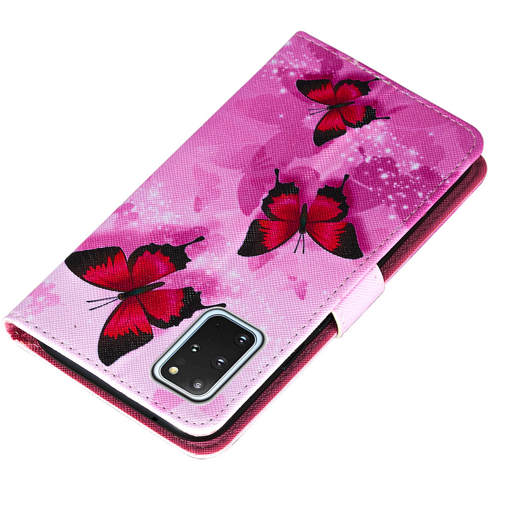 Leather Wallet Stand Phone Protective Case Pattern Printing for Samsung Galaxy S20 Plus/S20 Plus 5G - Pink Butterfly