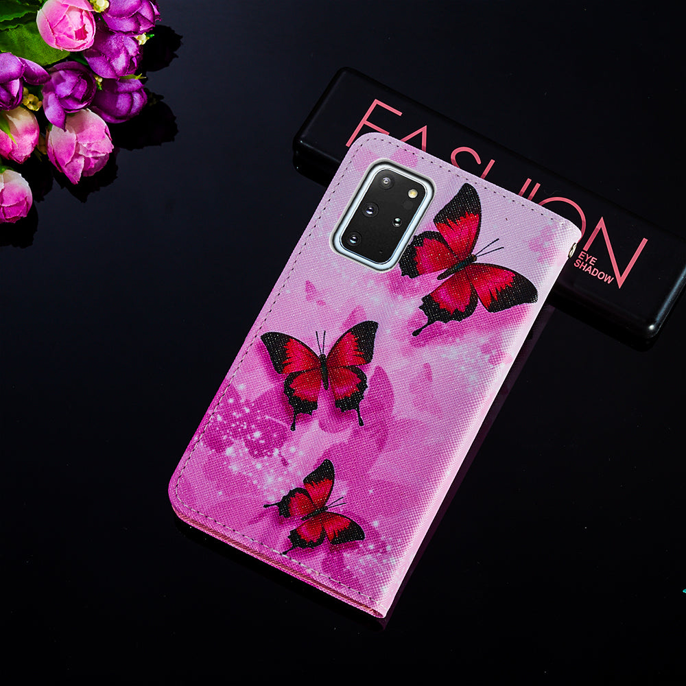 Leather Wallet Stand Phone Protective Case Pattern Printing for Samsung Galaxy S20 Plus/S20 Plus 5G - Pink Butterfly