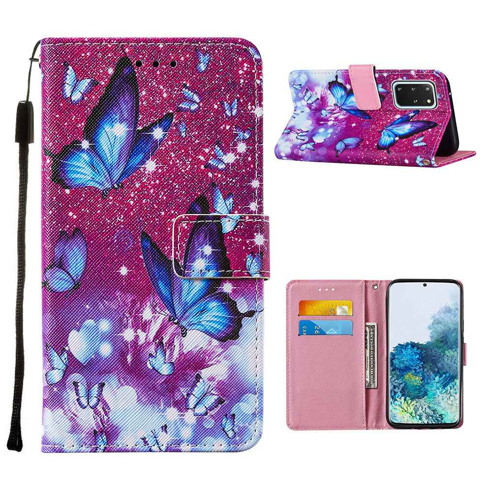 Leather Wallet Stand Phone Protective Case Pattern Printing for Samsung Galaxy S20 Plus/S20 Plus 5G - Blue Butterfly