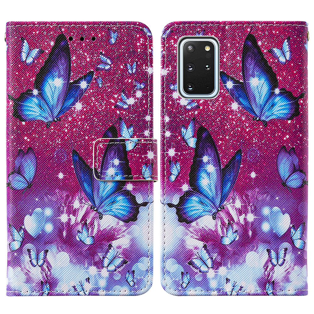 Leather Wallet Stand Phone Protective Case Pattern Printing for Samsung Galaxy S20 Plus/S20 Plus 5G - Blue Butterfly