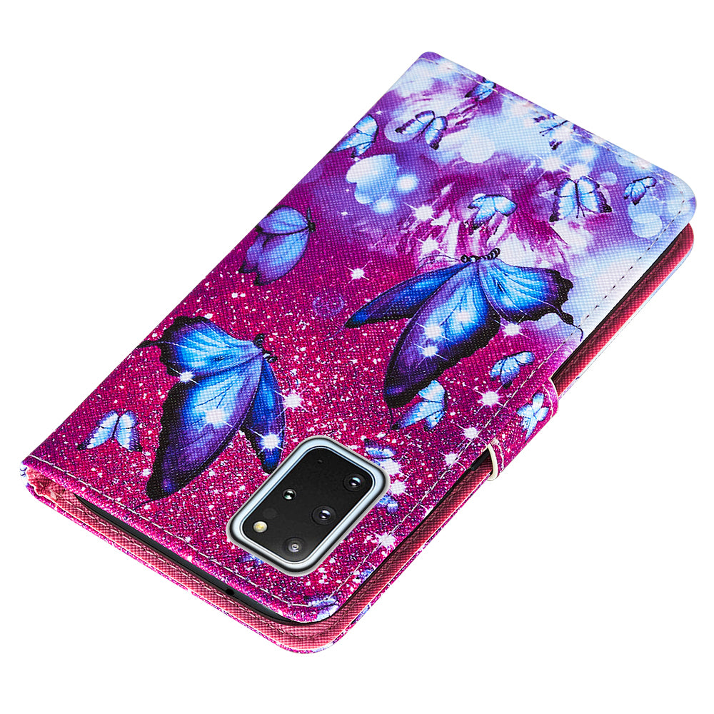 Leather Wallet Stand Phone Protective Case Pattern Printing for Samsung Galaxy S20 Plus/S20 Plus 5G - Blue Butterfly