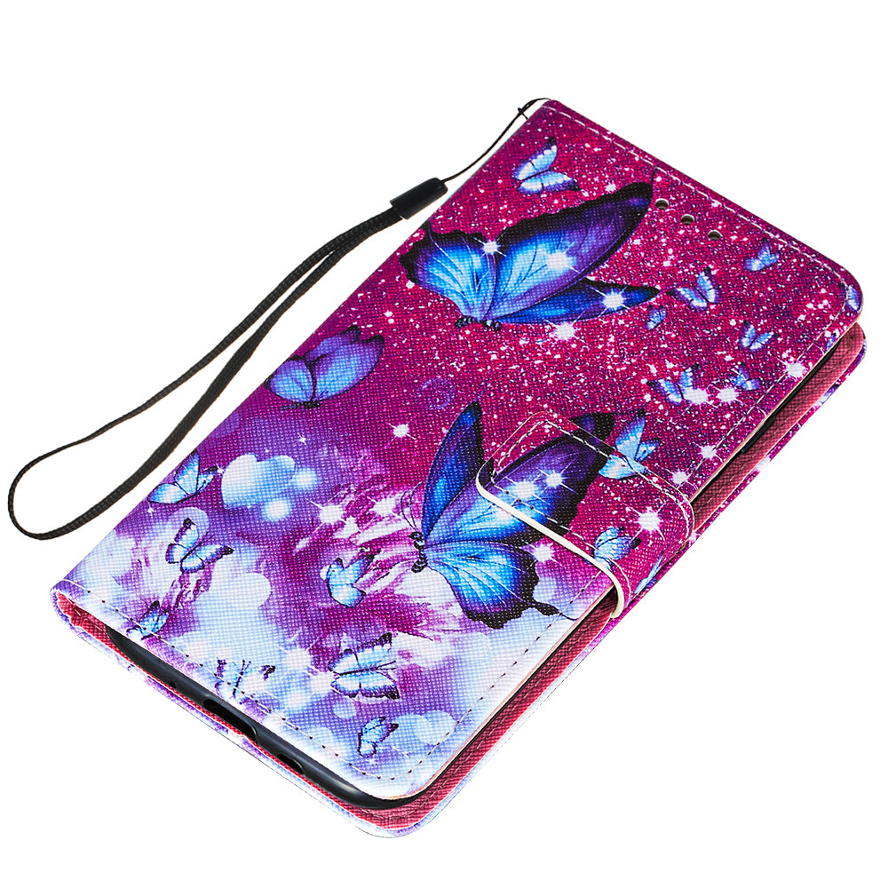 Leather Wallet Stand Phone Protective Case Pattern Printing for Samsung Galaxy S20 Plus/S20 Plus 5G - Blue Butterfly