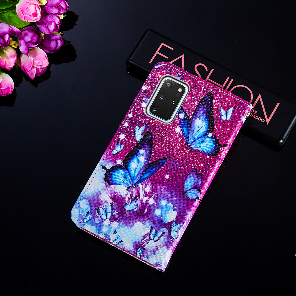 Leather Wallet Stand Phone Protective Case Pattern Printing for Samsung Galaxy S20 Plus/S20 Plus 5G - Blue Butterfly