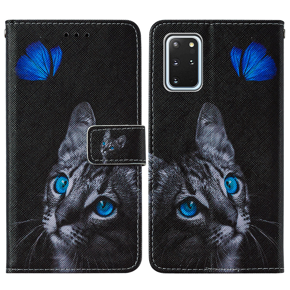 Leather Wallet Stand Phone Protective Case Pattern Printing for Samsung Galaxy S20 Plus/S20 Plus 5G - Cat