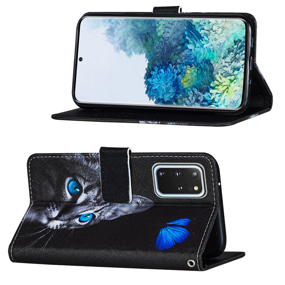 Leather Wallet Stand Phone Protective Case Pattern Printing for Samsung Galaxy S20 Plus/S20 Plus 5G - Cat