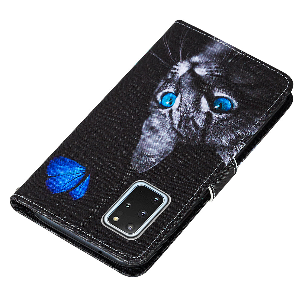 Leather Wallet Stand Phone Protective Case Pattern Printing for Samsung Galaxy S20 Plus/S20 Plus 5G - Cat