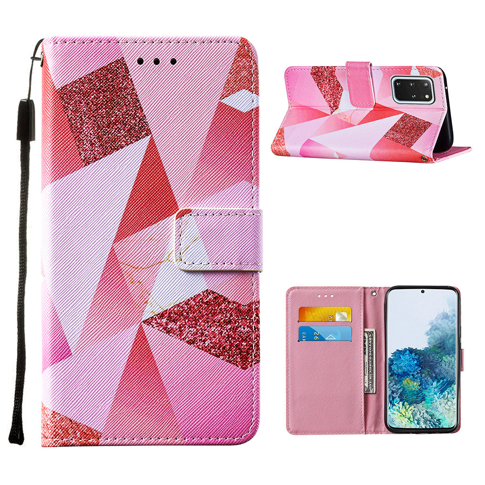 Leather Wallet Stand Phone Protective Case Pattern Printing for Samsung Galaxy S20 Plus/S20 Plus 5G - Pink Geometry