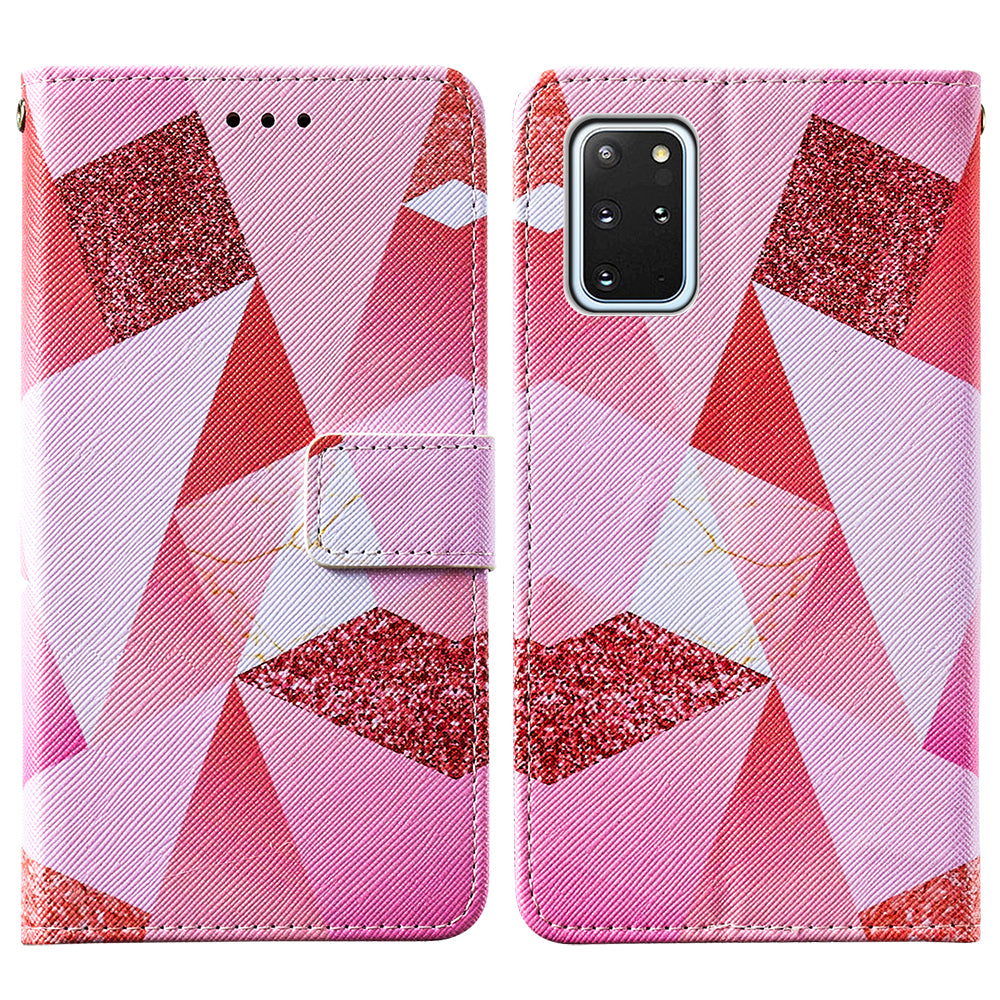 Leather Wallet Stand Phone Protective Case Pattern Printing for Samsung Galaxy S20 Plus/S20 Plus 5G - Pink Geometry