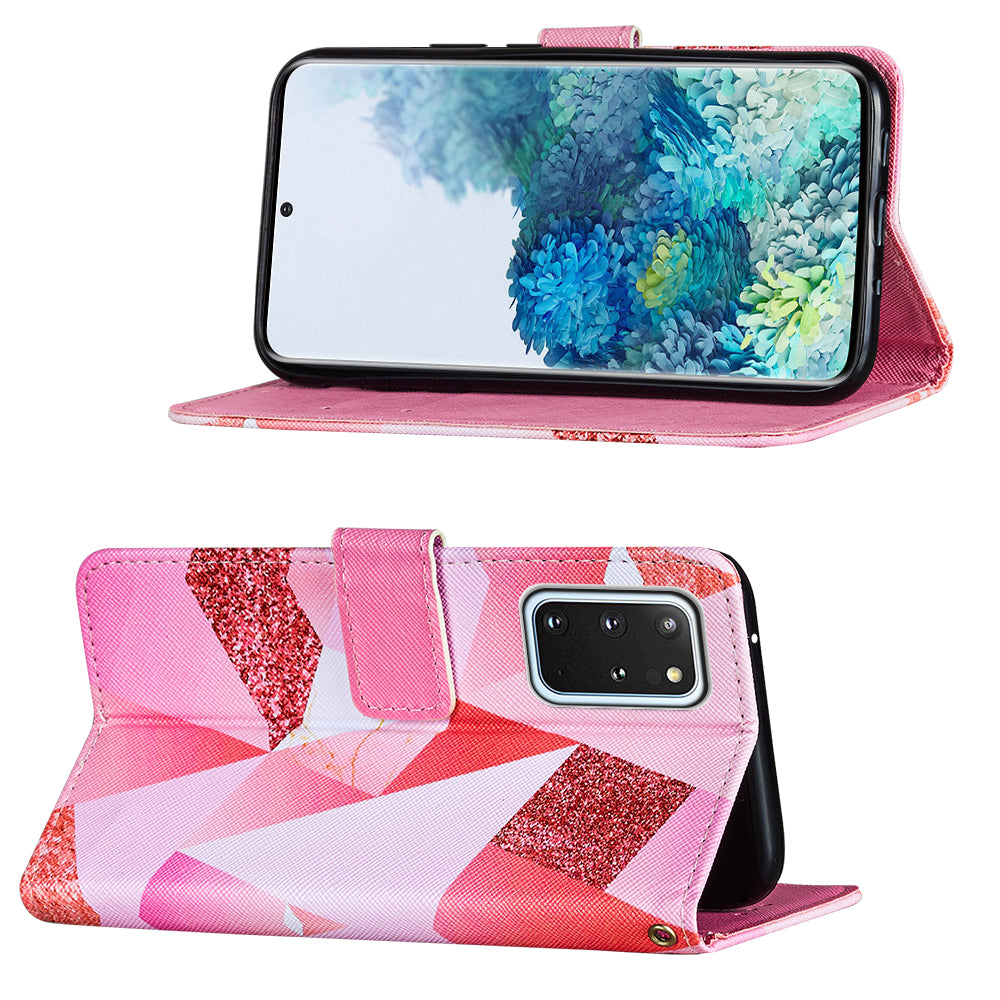 Leather Wallet Stand Phone Protective Case Pattern Printing for Samsung Galaxy S20 Plus/S20 Plus 5G - Pink Geometry