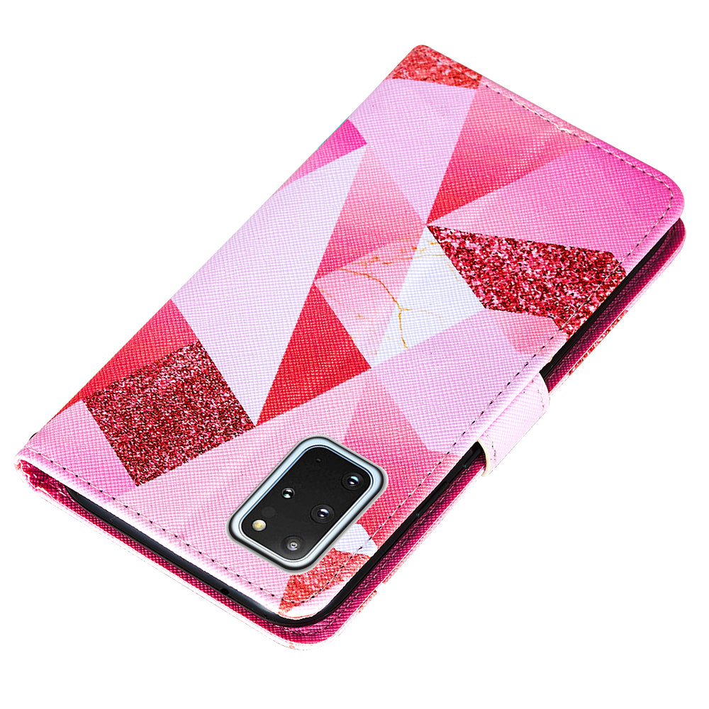 Leather Wallet Stand Phone Protective Case Pattern Printing for Samsung Galaxy S20 Plus/S20 Plus 5G - Pink Geometry