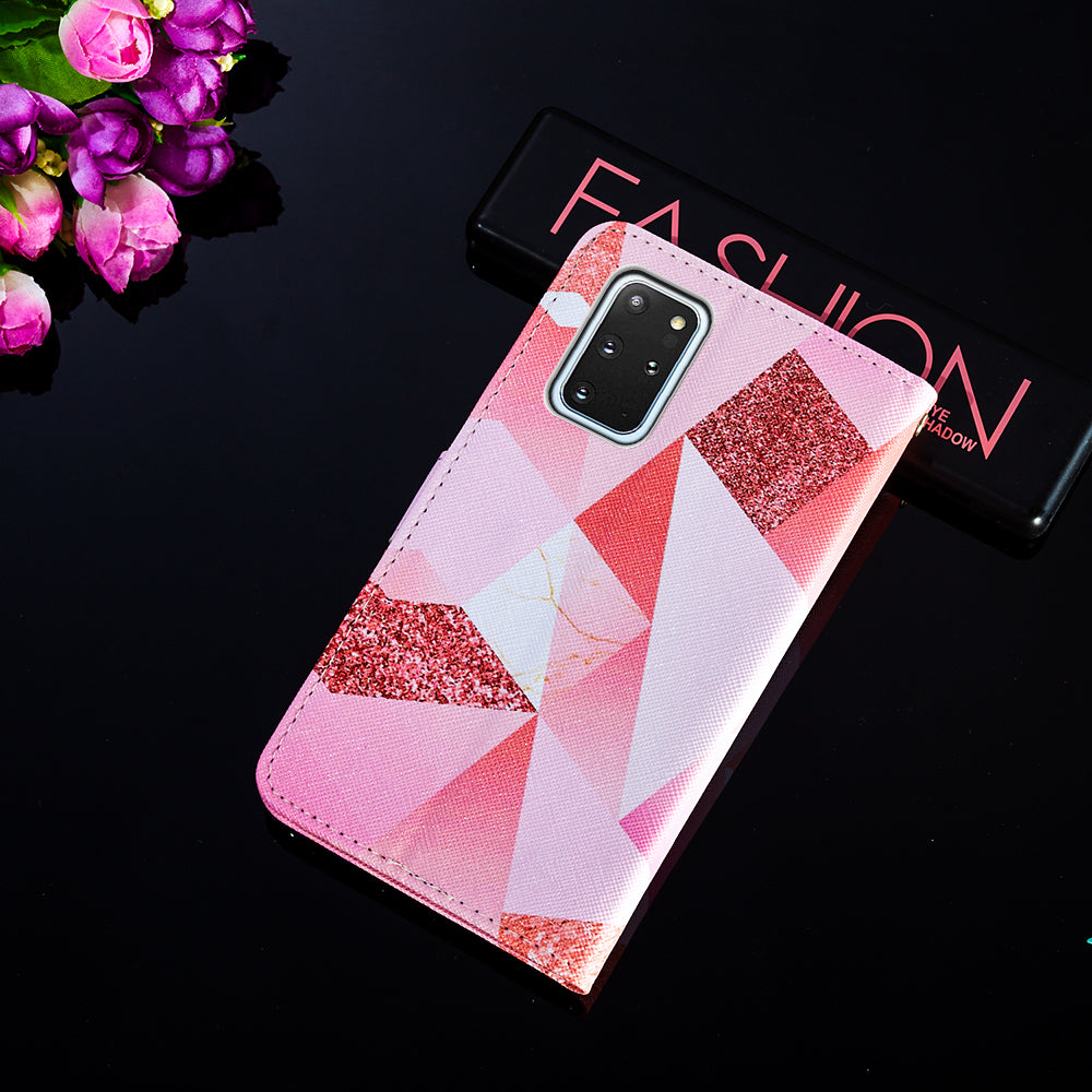 Leather Wallet Stand Phone Protective Case Pattern Printing for Samsung Galaxy S20 Plus/S20 Plus 5G - Pink Geometry