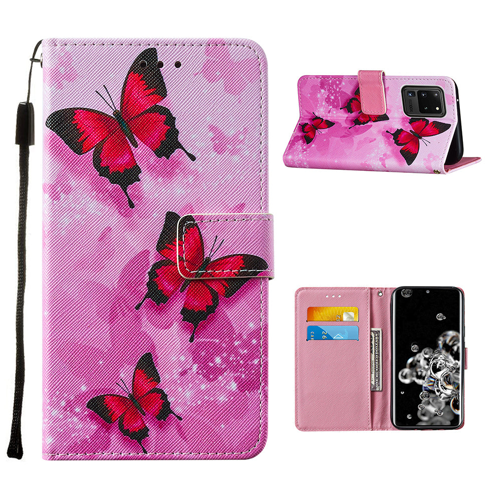 Pattern Printing Leather Phone Wallet Stand Protective Case for Samsung Galaxy S20 Ultra - Red Butterfly