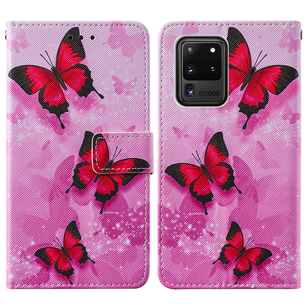 Pattern Printing Leather Phone Wallet Stand Protective Case for Samsung Galaxy S20 Ultra - Red Butterfly