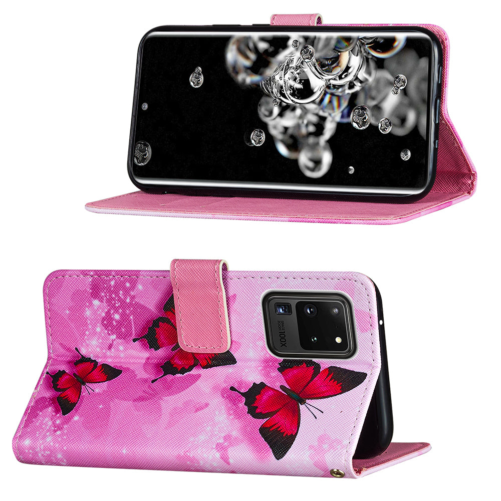 Pattern Printing Leather Phone Wallet Stand Protective Case for Samsung Galaxy S20 Ultra - Red Butterfly