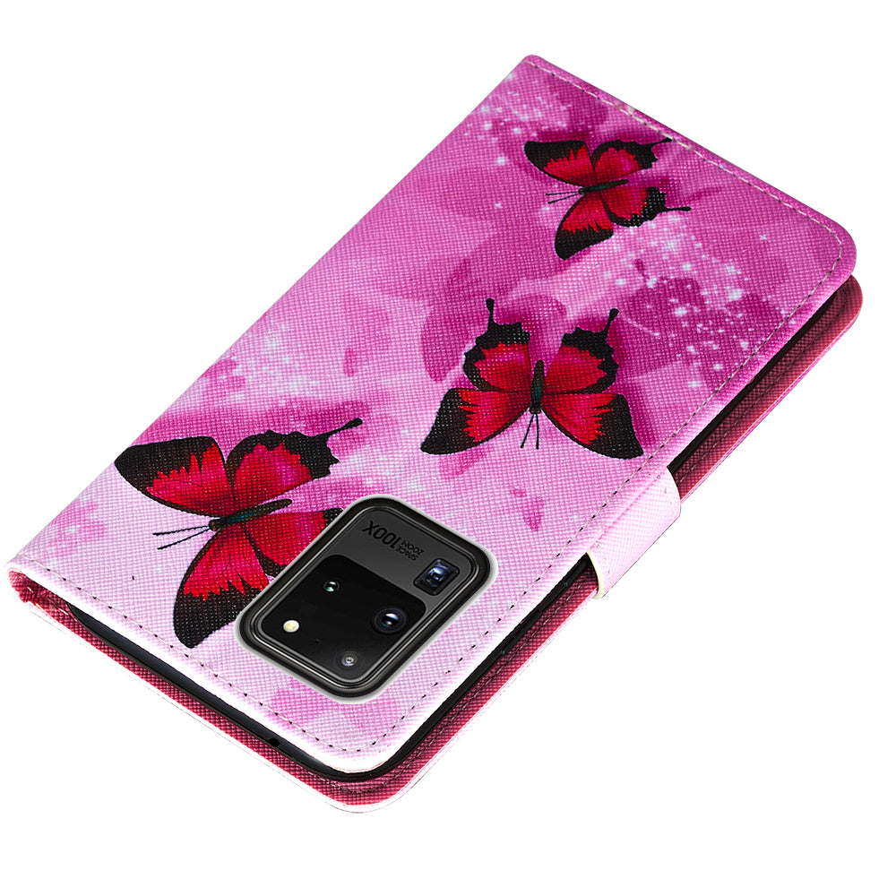 Pattern Printing Leather Phone Wallet Stand Protective Case for Samsung Galaxy S20 Ultra - Red Butterfly