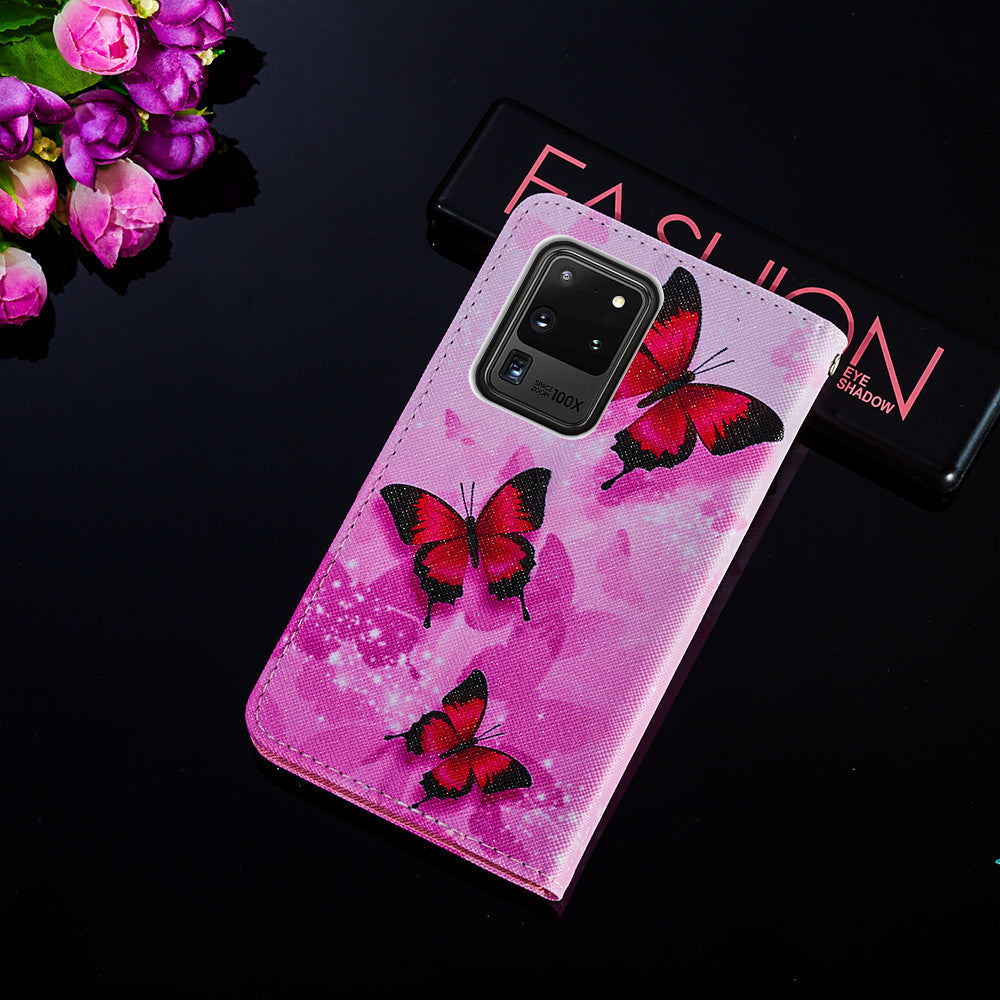 Pattern Printing Leather Phone Wallet Stand Protective Case for Samsung Galaxy S20 Ultra - Red Butterfly