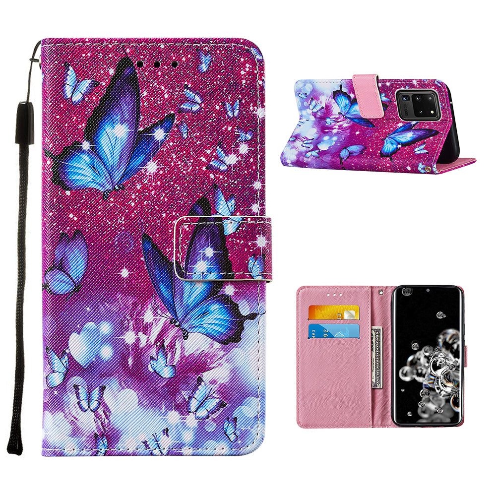 Pattern Printing Leather Phone Wallet Stand Protective Case for Samsung Galaxy S20 Ultra - Blue Butterfly