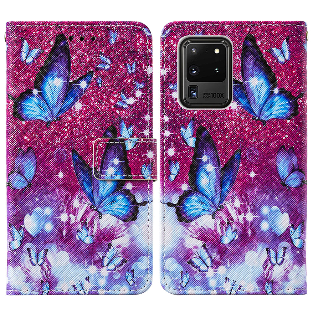 Pattern Printing Leather Phone Wallet Stand Protective Case for Samsung Galaxy S20 Ultra - Blue Butterfly