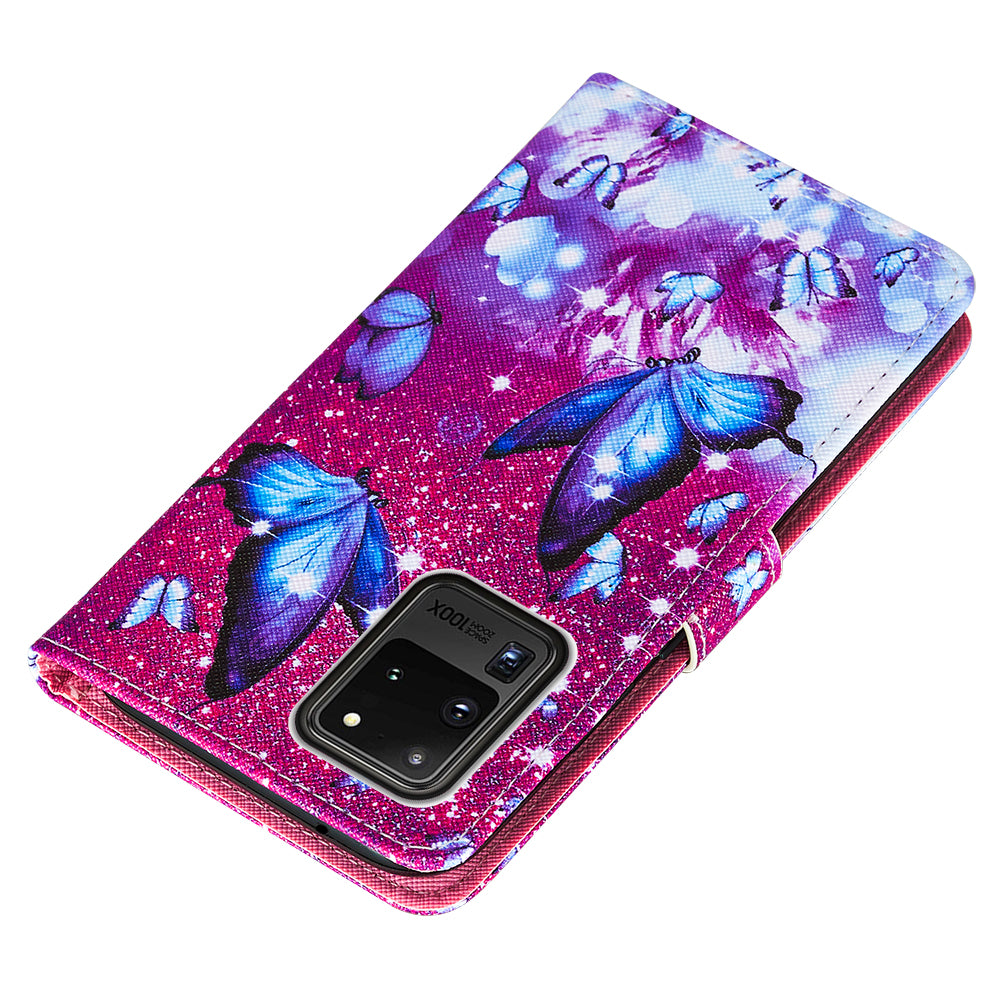 Pattern Printing Leather Phone Wallet Stand Protective Case for Samsung Galaxy S20 Ultra - Blue Butterfly