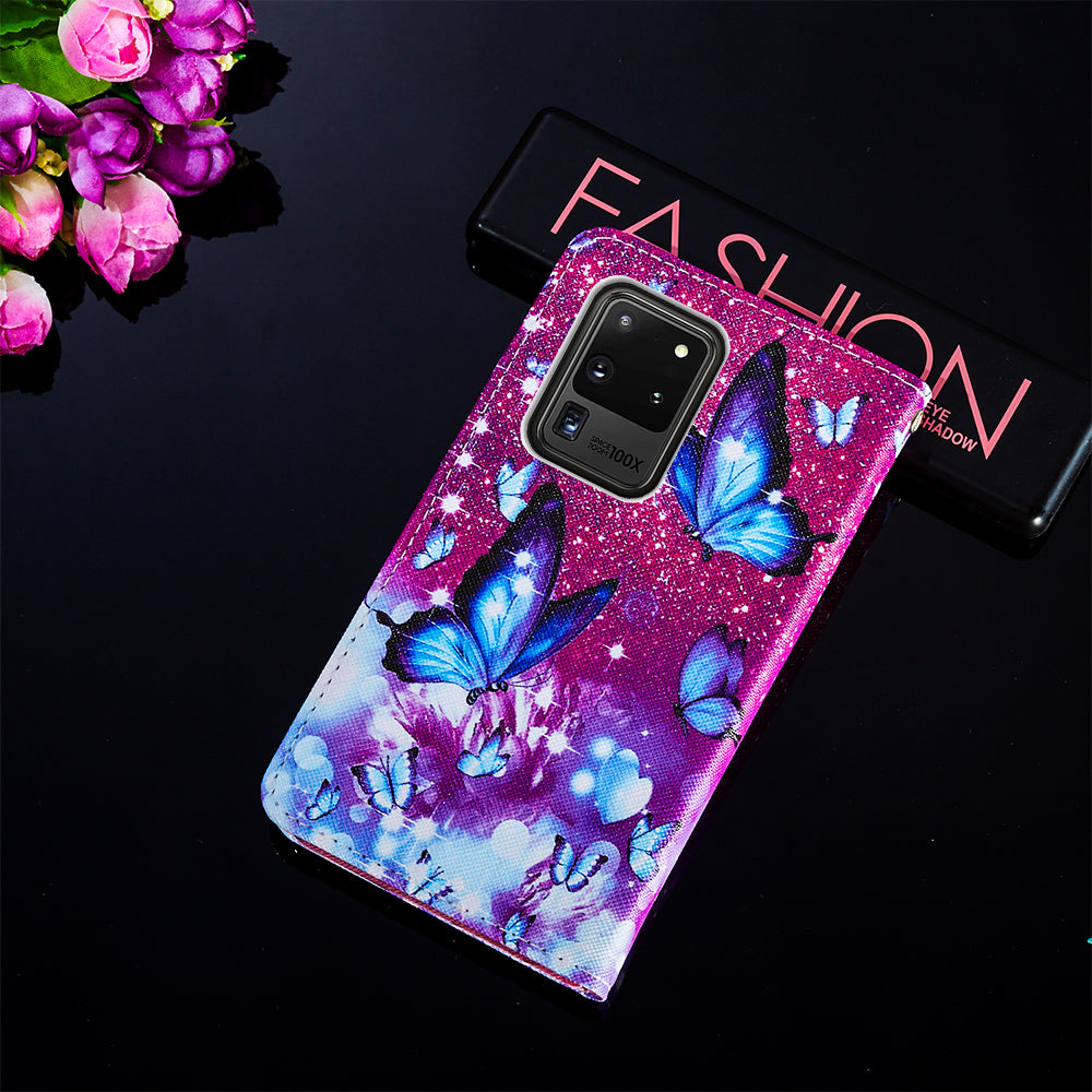 Pattern Printing Leather Phone Wallet Stand Protective Case for Samsung Galaxy S20 Ultra - Blue Butterfly