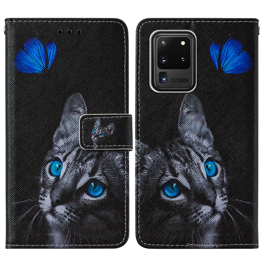 Pattern Printing Leather Phone Wallet Stand Protective Case for Samsung Galaxy S20 Ultra - Cat