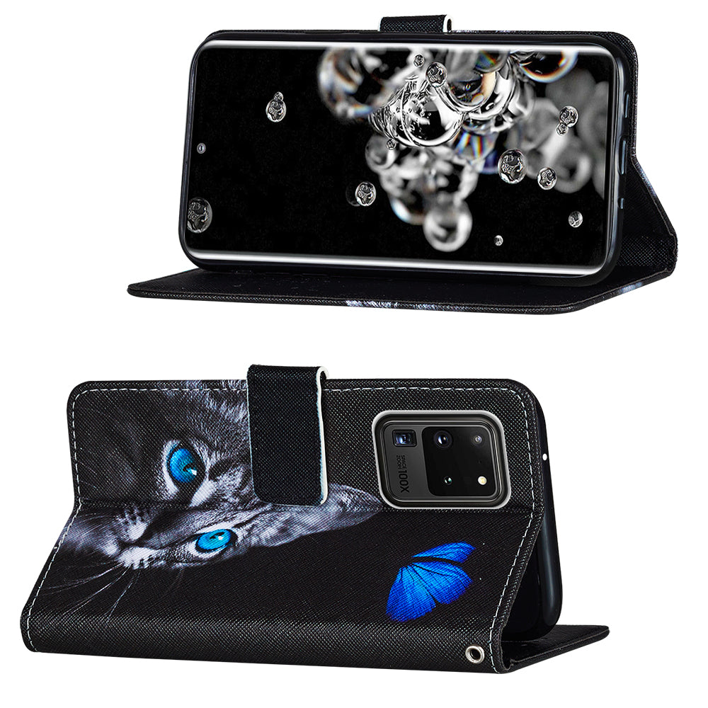 Pattern Printing Leather Phone Wallet Stand Protective Case for Samsung Galaxy S20 Ultra - Cat