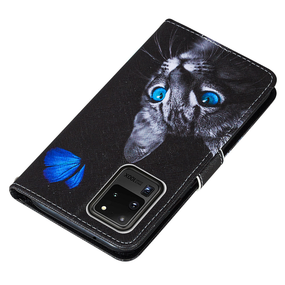 Pattern Printing Leather Phone Wallet Stand Protective Case for Samsung Galaxy S20 Ultra - Cat