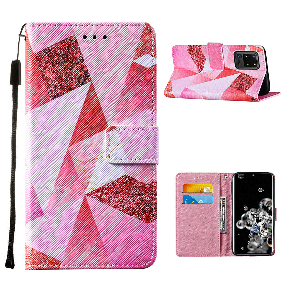 Pattern Printing Leather Phone Wallet Stand Protective Case for Samsung Galaxy S20 Ultra - Pink Geometry