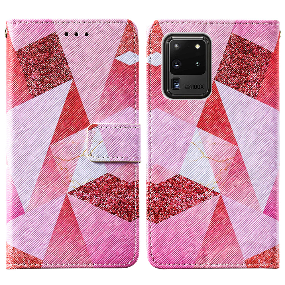 Pattern Printing Leather Phone Wallet Stand Protective Case for Samsung Galaxy S20 Ultra - Pink Geometry