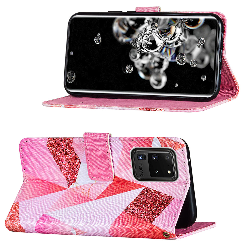 Pattern Printing Leather Phone Wallet Stand Protective Case for Samsung Galaxy S20 Ultra - Pink Geometry