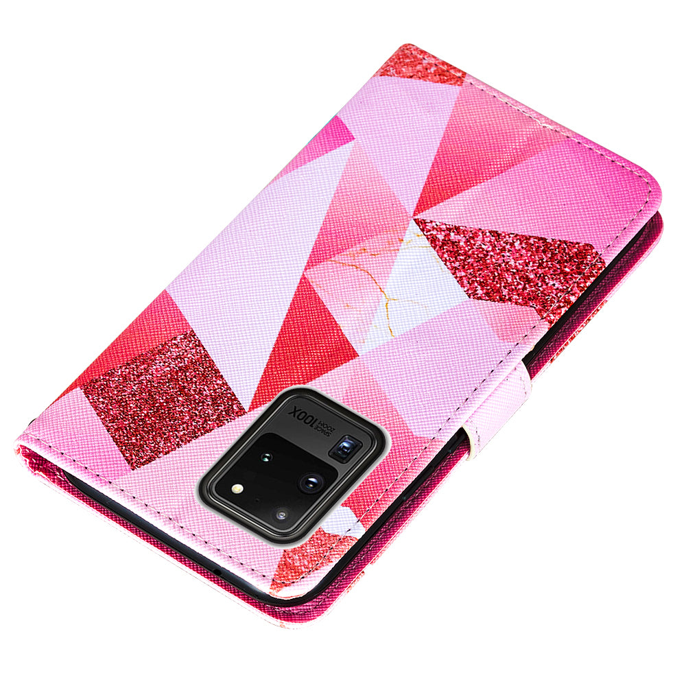 Pattern Printing Leather Phone Wallet Stand Protective Case for Samsung Galaxy S20 Ultra - Pink Geometry