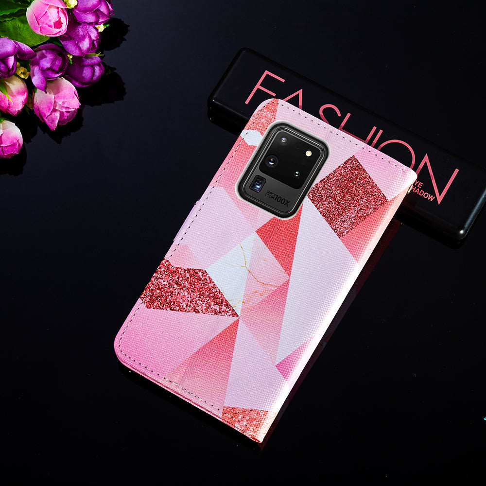 Pattern Printing Leather Phone Wallet Stand Protective Case for Samsung Galaxy S20 Ultra - Pink Geometry