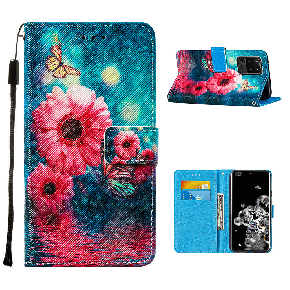 Pattern Printing Leather Phone Wallet Stand Protective Case for Samsung Galaxy S20 Ultra - Flowers