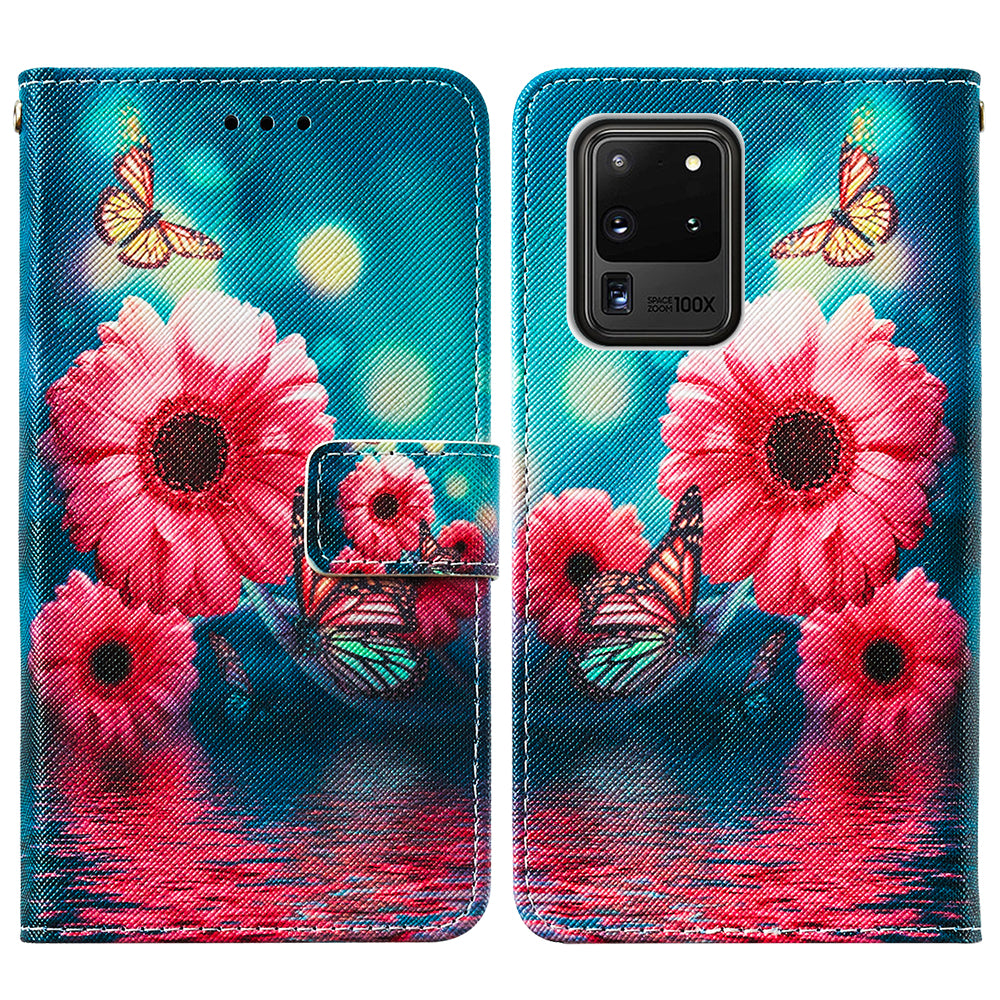 Pattern Printing Leather Phone Wallet Stand Protective Case for Samsung Galaxy S20 Ultra - Flowers