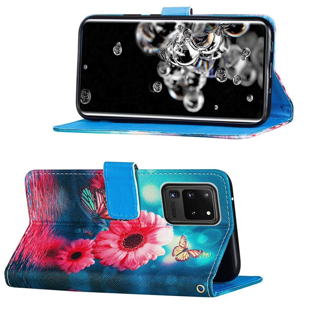 Pattern Printing Leather Phone Wallet Stand Protective Case for Samsung Galaxy S20 Ultra - Flowers