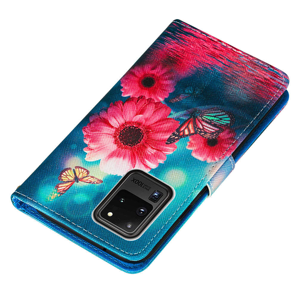 Pattern Printing Leather Phone Wallet Stand Protective Case for Samsung Galaxy S20 Ultra - Flowers