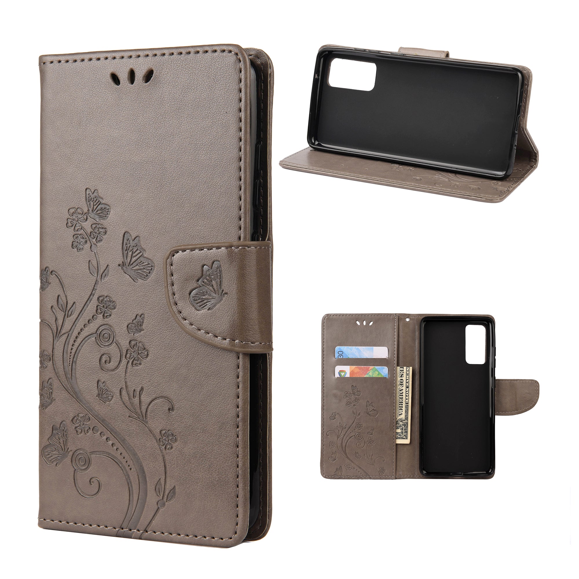 For Samsung Galaxy S20 FE/S20 Fan Edition/S20 FE 5G/S20 Fan Edition 5G/S20 Lite/S20 FE 2022 Butterfly Pattern Imprinting Stand Leather Wallet Phone Cover Shell - Grey