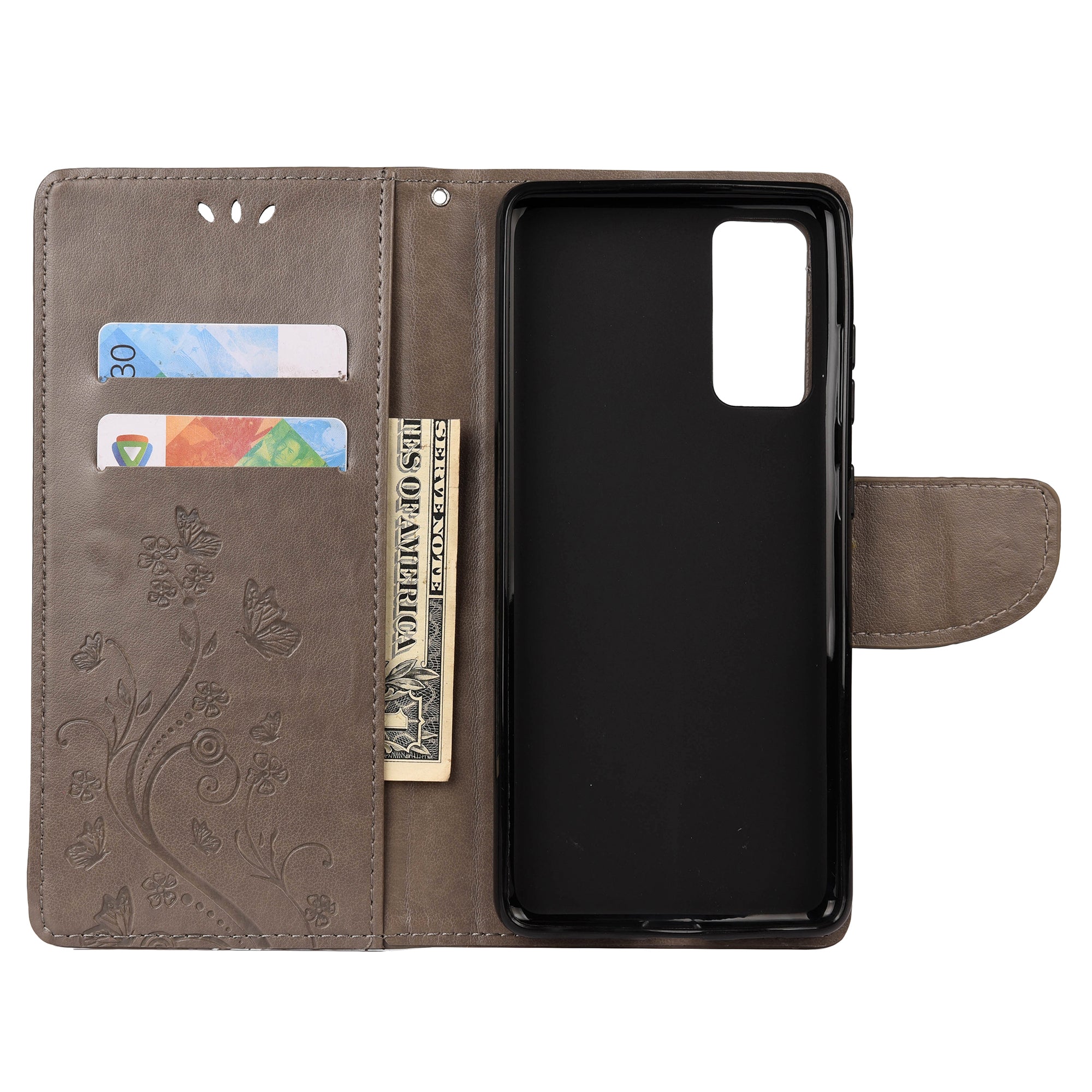 For Samsung Galaxy S20 FE/S20 Fan Edition/S20 FE 5G/S20 Fan Edition 5G/S20 Lite/S20 FE 2022 Butterfly Pattern Imprinting Stand Leather Wallet Phone Cover Shell - Grey