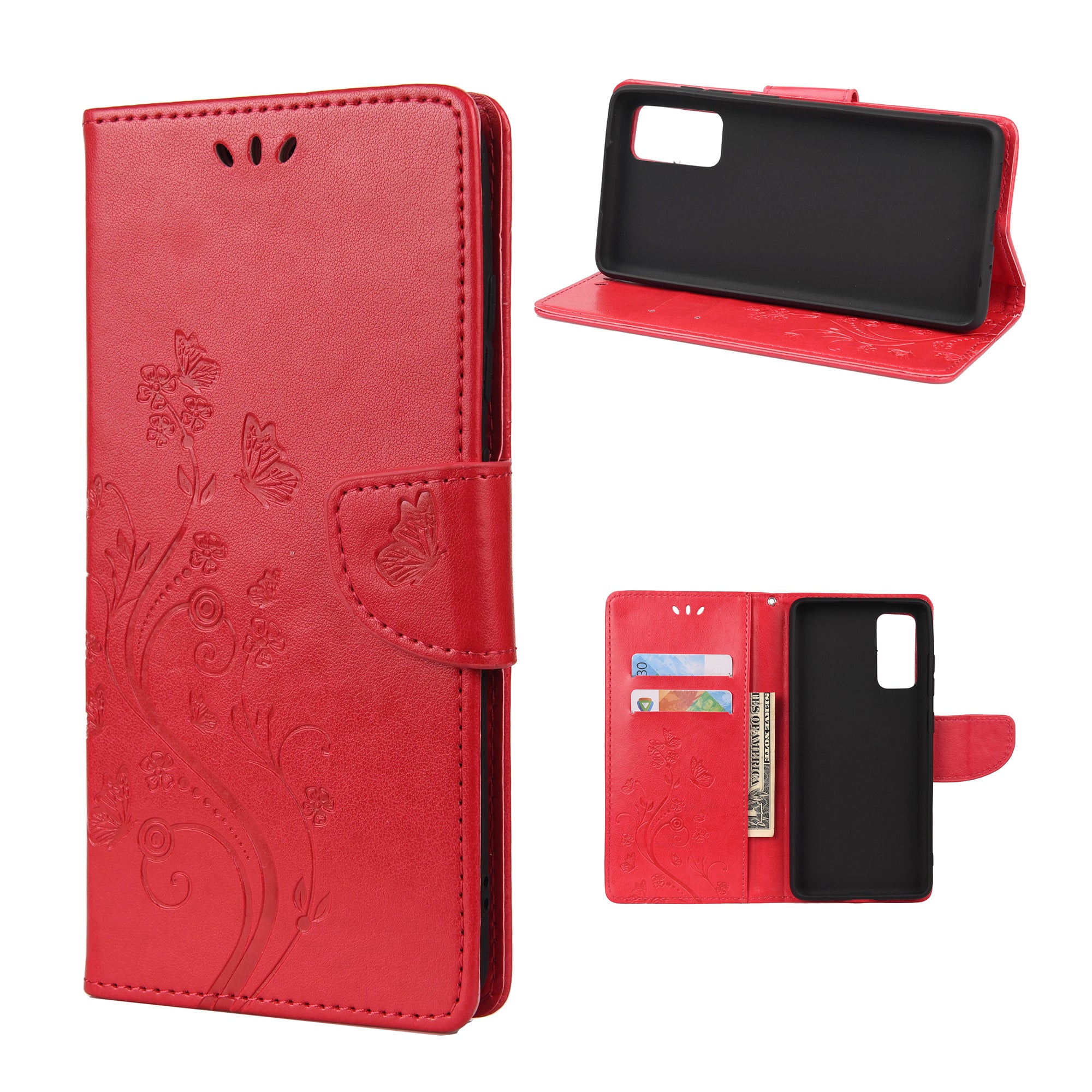 For Samsung Galaxy S20 FE/S20 Fan Edition/S20 FE 5G/S20 Fan Edition 5G/S20 Lite/S20 FE 2022 Butterfly Pattern Imprinting Stand Leather Wallet Phone Cover Shell - Red