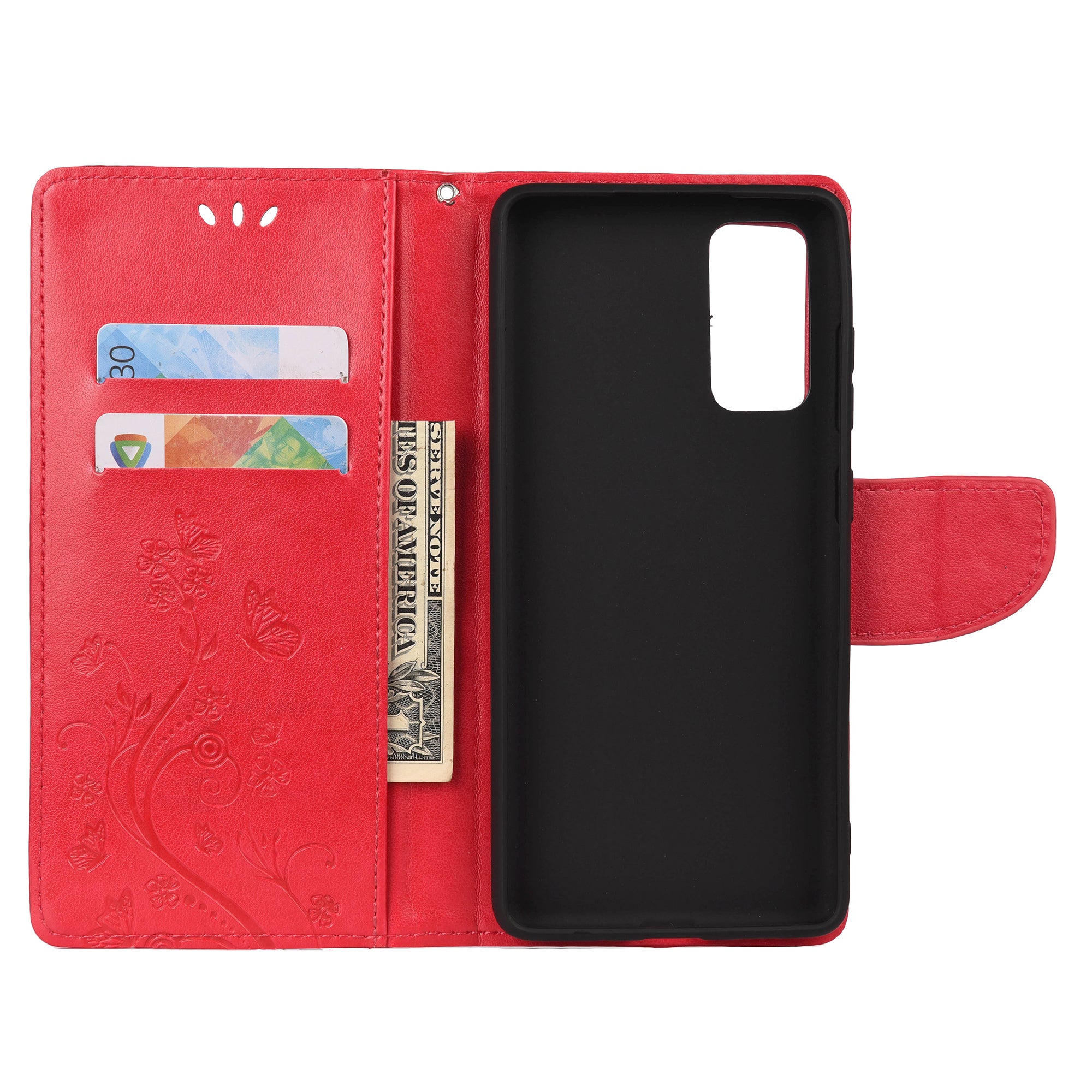 For Samsung Galaxy S20 FE/S20 Fan Edition/S20 FE 5G/S20 Fan Edition 5G/S20 Lite/S20 FE 2022 Butterfly Pattern Imprinting Stand Leather Wallet Phone Cover Shell - Red