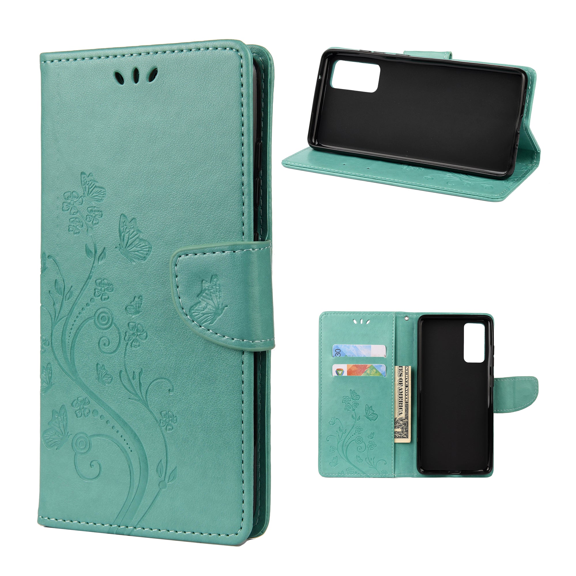 For Samsung Galaxy S20 FE/S20 Fan Edition/S20 FE 5G/S20 Fan Edition 5G/S20 Lite/S20 FE 2022 Butterfly Pattern Imprinting Stand Leather Wallet Phone Cover Shell - Green