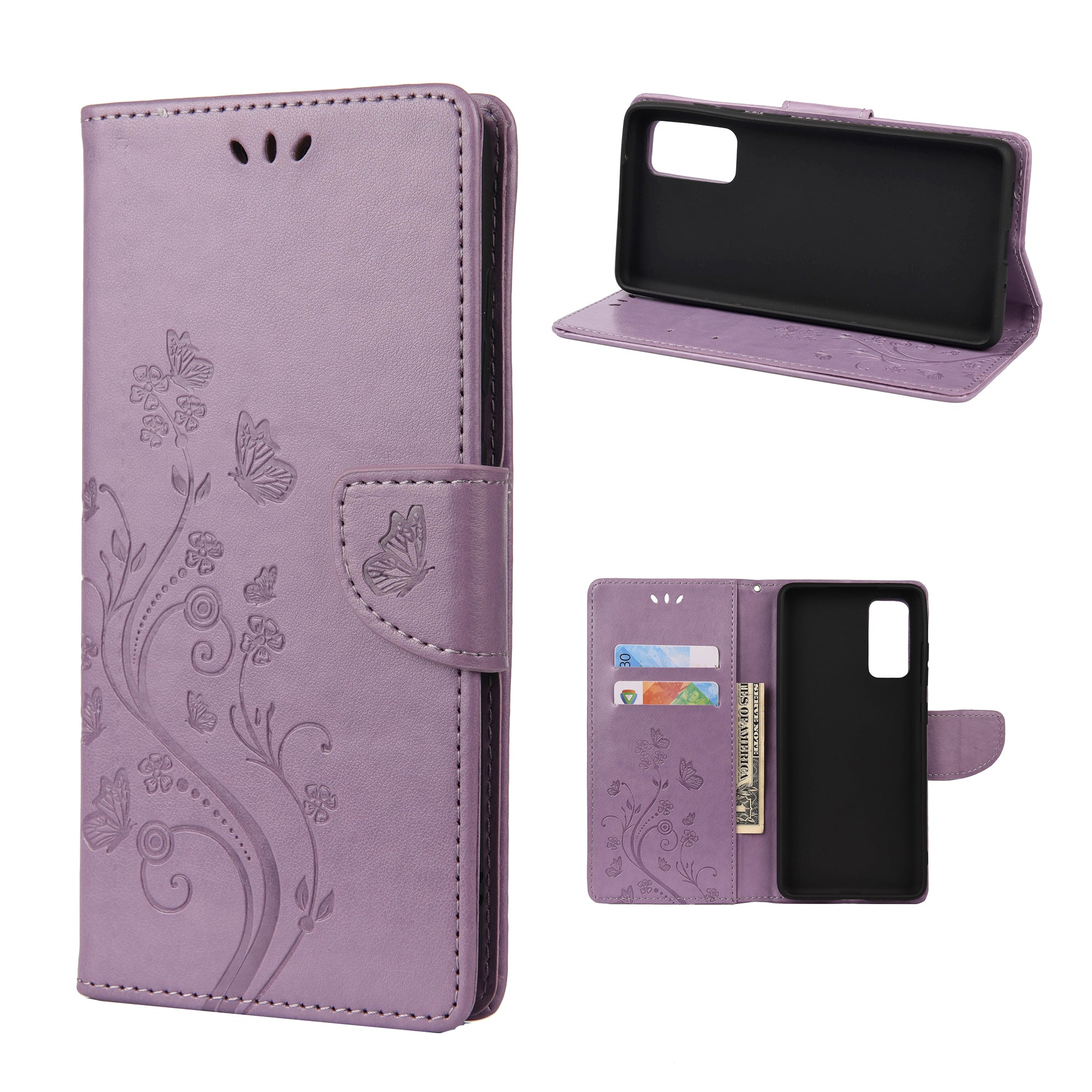 For Samsung Galaxy S20 FE/S20 Fan Edition/S20 FE 5G/S20 Fan Edition 5G/S20 Lite/S20 FE 2022 Butterfly Pattern Imprinting Stand Leather Wallet Phone Cover Shell - Light Purple