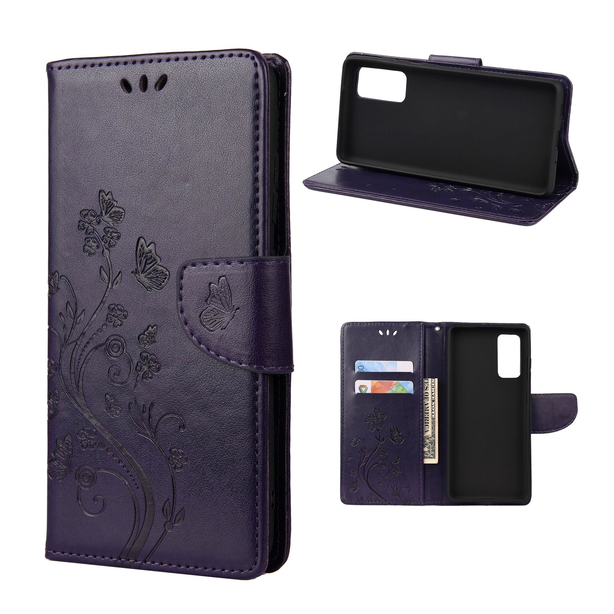 For Samsung Galaxy S20 FE/S20 Fan Edition/S20 FE 5G/S20 Fan Edition 5G/S20 Lite/S20 FE 2022 Butterfly Pattern Imprinting Stand Leather Wallet Phone Cover Shell - Dark Purple