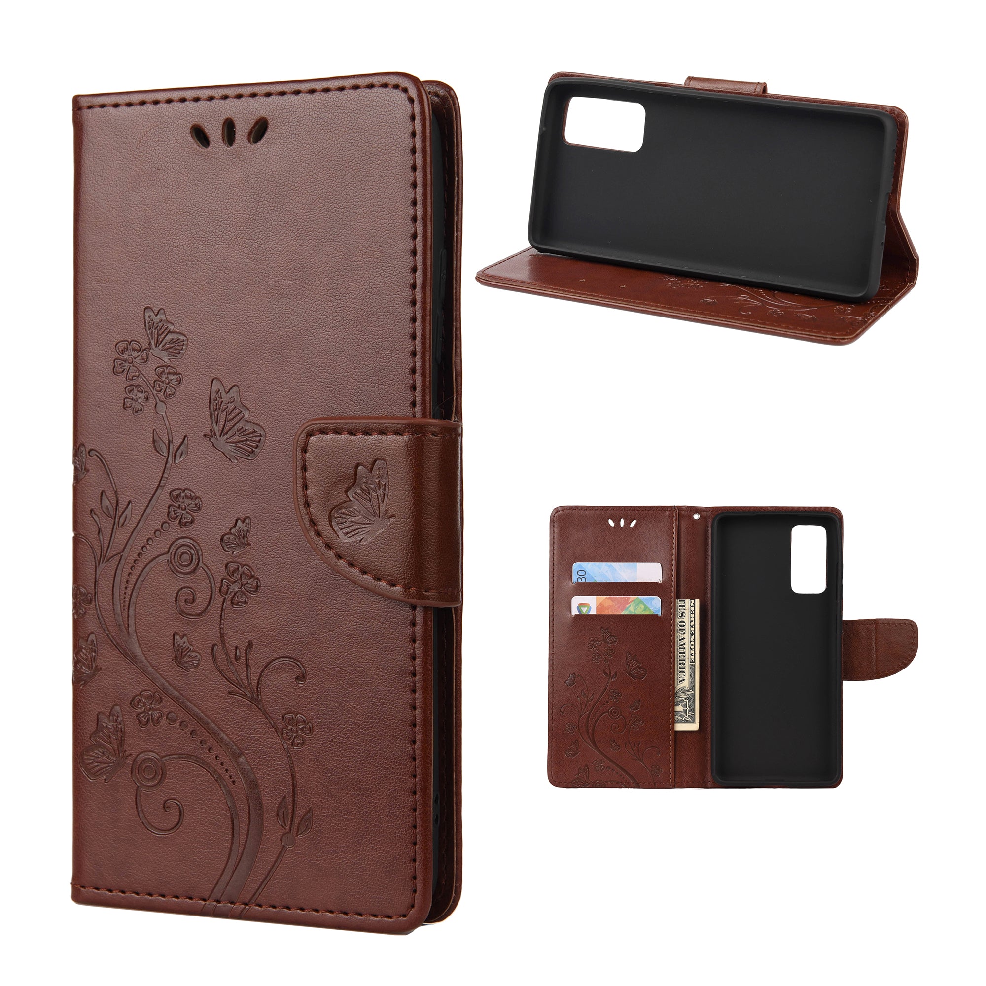 For Samsung Galaxy S20 FE/S20 Fan Edition/S20 FE 5G/S20 Fan Edition 5G/S20 Lite/S20 FE 2022 Butterfly Pattern Imprinting Stand Leather Wallet Phone Cover Shell - Brown