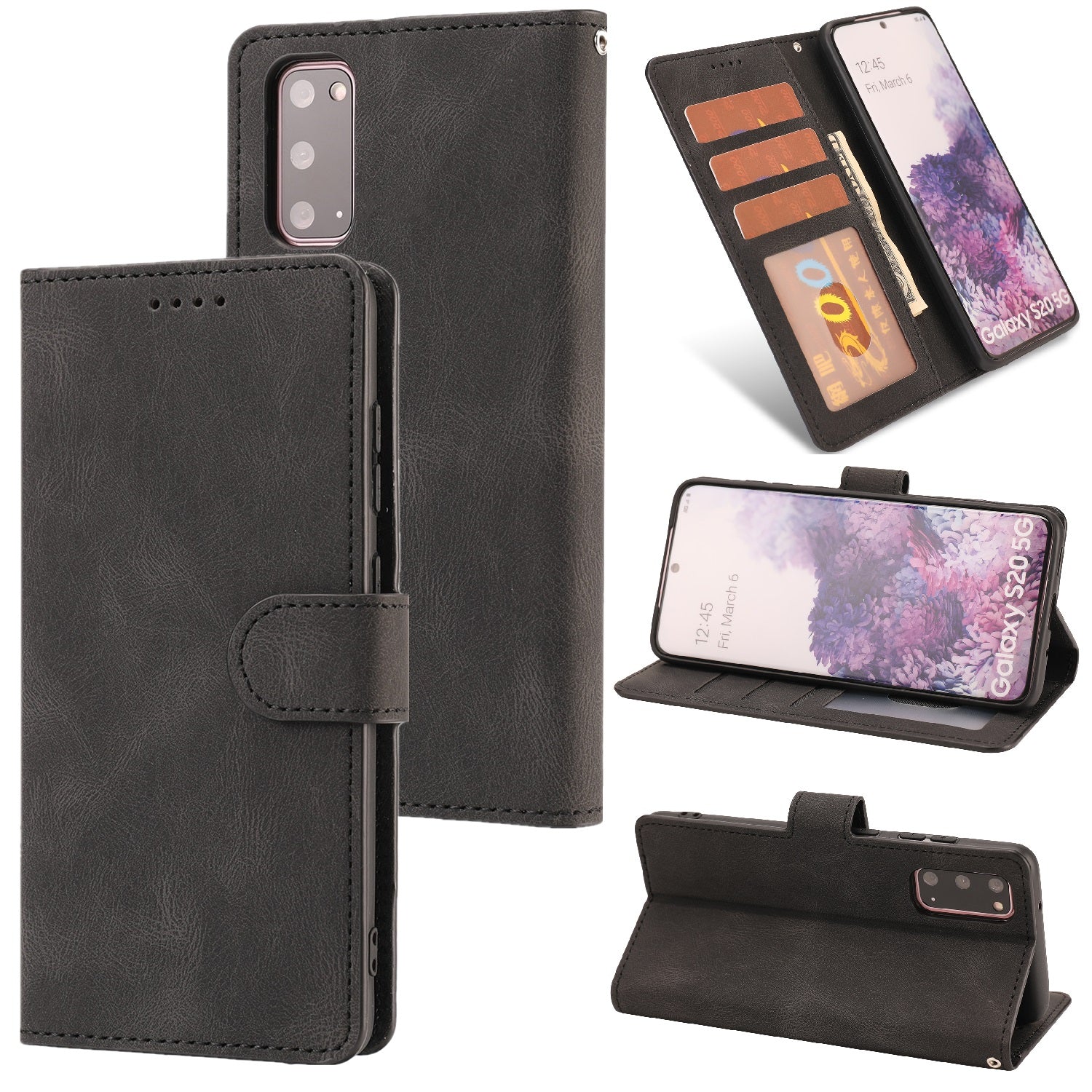 TPU + PU Leather Phone Protective Shell with Wallet and Stand for Samsung Galaxy S20 4G/S20 5G - Black