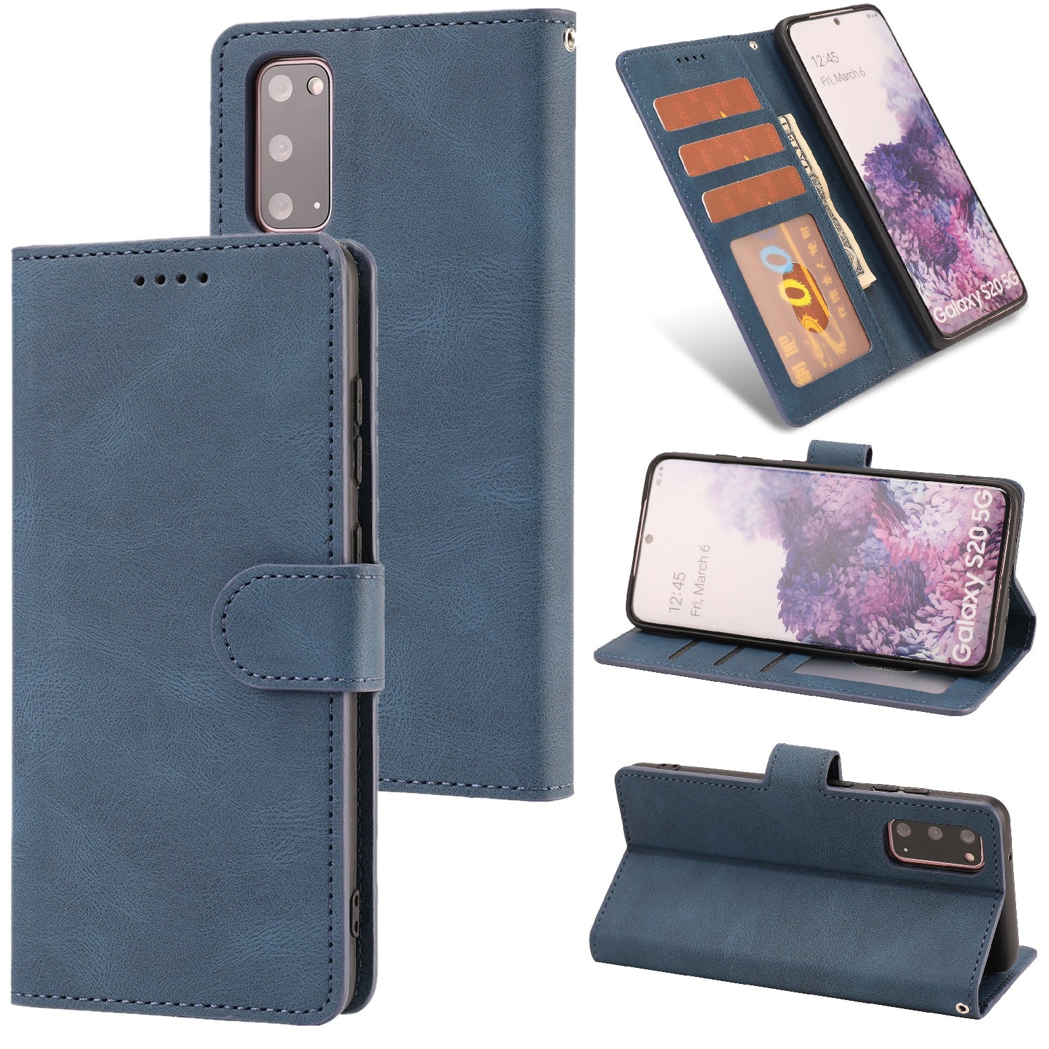 TPU + PU Leather Phone Protective Shell with Wallet and Stand for Samsung Galaxy S20 4G/S20 5G - Blue